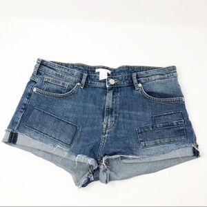 H&M High Rise Distressed Patched Jean Shorts